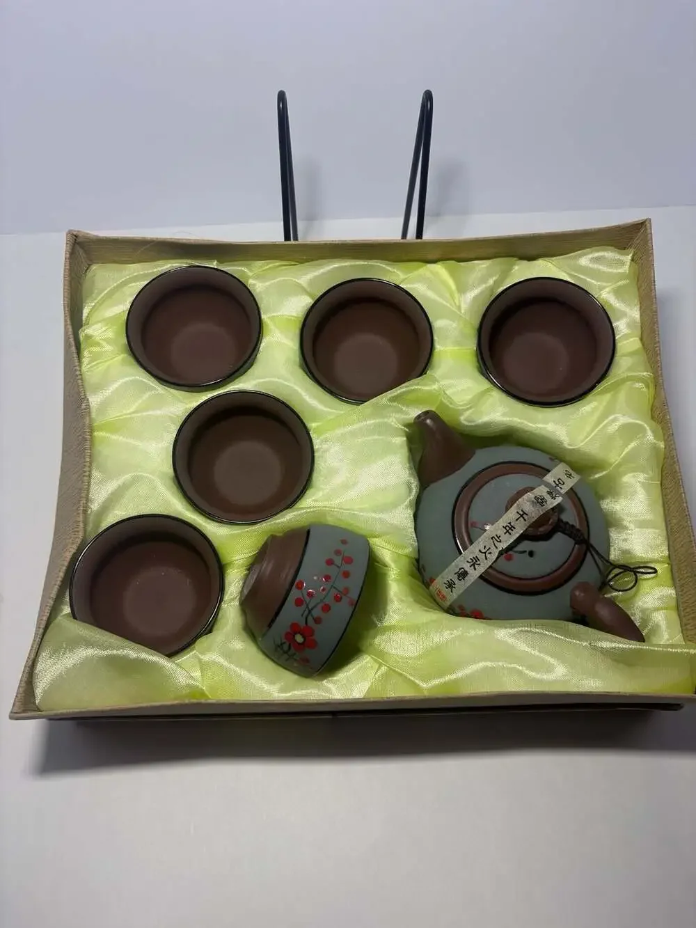 Chinese Zisha Clay Teapot and 6 Tea Cups Set with Red Plum Blossom Floral Design